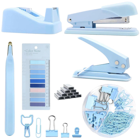Blue Office Supplies, Desk Organizers and Accessories Office Supplies with Stapler, Tape Dispenser, Staple Remover, Staples, Clips, Hole Punch and Tabs