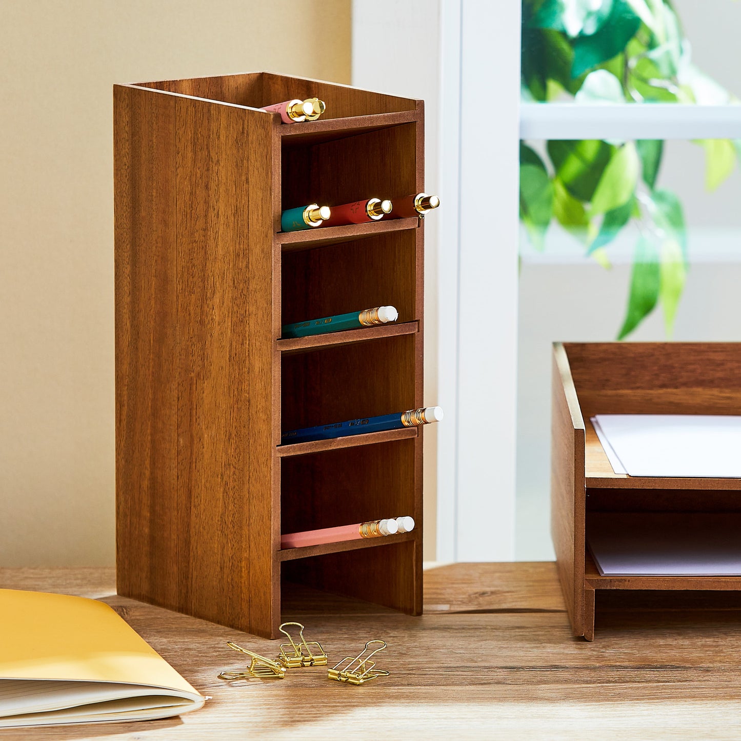 Wooden Pencil Tower, 3.6 in X 5 in X 9.9 In