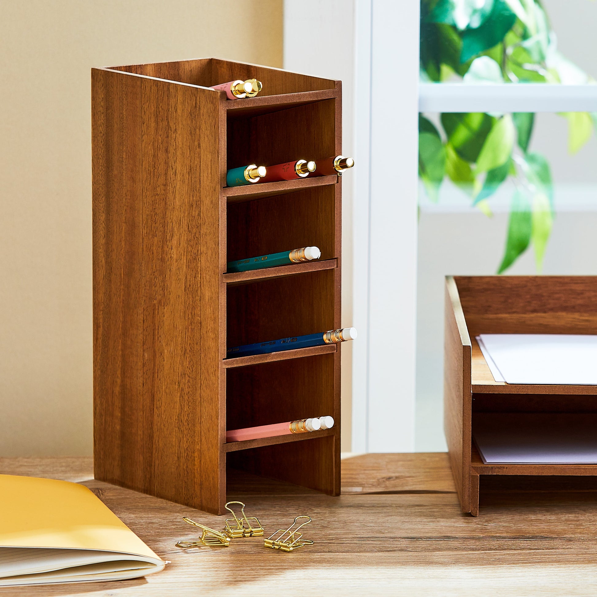 Wooden Pencil Tower, 3.6 in X 5 in X 9.9 In