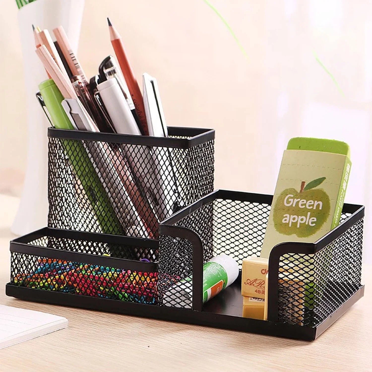 Mesh Desk Organizer Black Pen Holder Office Supplies and Organizers, 4 Compartments