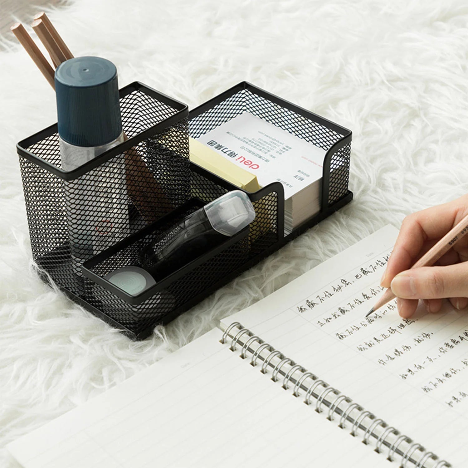 Mesh Desk Organizer Black Pen Holder Office Supplies and Organizers, 4 Compartments